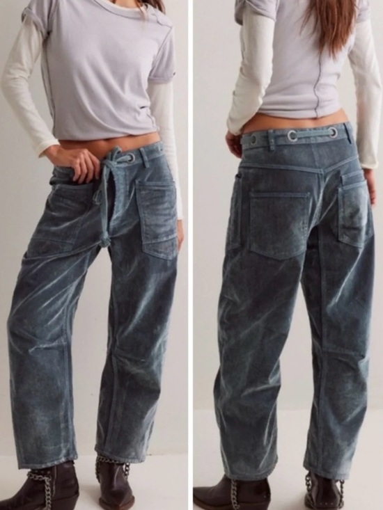 Free People Denim - We The Free Moxie Flocked Pull-On Barrel Jeans mountain green SZ 30